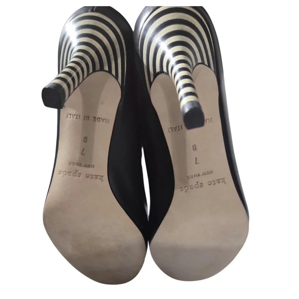 Kate Spade New York Leather Cap-Toe Striped Heel Pumps Black Cream Bow Size 7B